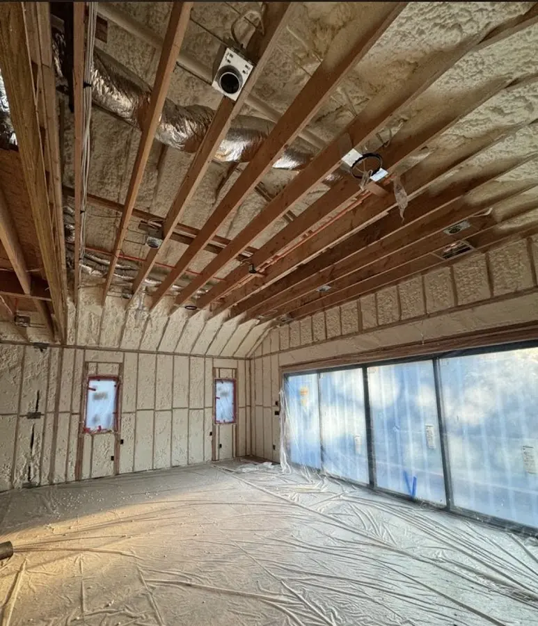 Interior walls and ceiling insulated with spray foam during new construction in Stanwood